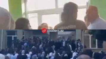 Məktəbin qarşısında dini şüarlar səsləndirdilər, şüşələri sındırdılar - VİDEO