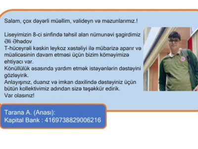 Dəyanət Liseyinin şagirdi leykoza qarşı mübarizə aparır - dəstəyinizə ehtiyacı var