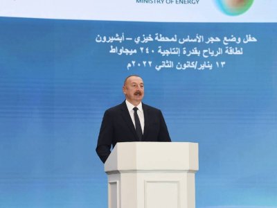 Prezident Külək Elektrik Stansiyasının açılış tədbirində&nbsp;çıxış edir