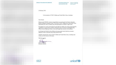UNİCEF-in icraçı direktoru Azərbaycana məktub yollayıb