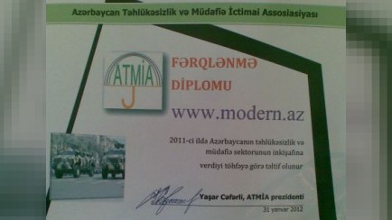 Modern.az-a Fərqlənmə diplomu verilib