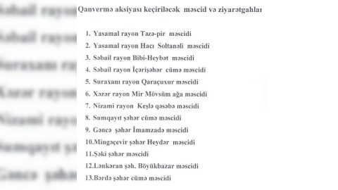 Qafqaz Müsəlmanları İdarəsi bu məscidlərdə qanvermə aksiyasına çağırır - SİYAHI