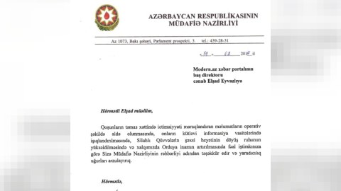 Müdafiə Nazirliyi Modern.az-a təşəkkür məktubu göndərdi