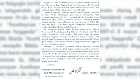 Oqtay Əsədov və Eldar Mahmudovdan Qızıl Aypara Cəmiyyətinə təbrik