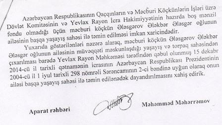 Yaşayış yerindən çıxarılan köçkün “Dövlətqaçqınkom”dan imdad dilədi 