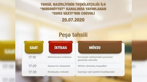 “Dərs vaxtı”nın peşə təhsili ilə bağlı növbəti cədvəli