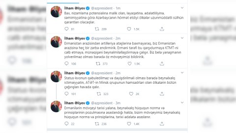 Prezident Tvitter-də yeni mesajlar YAZDI: “Minsk qrupunun bütün çağırışları havada qalır”
