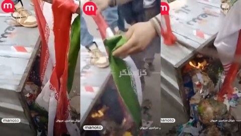 Etirazçılar İran bayrağını zibil qutusuna atıb yandırdılar - VİDEO