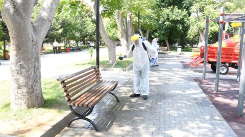 Paytaxt parklarında dezinfeksiya tədbirləri görülüb - FOTOLAR