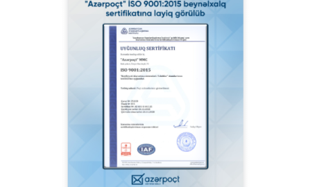 &ldquo;Azərpoçt&rdquo; &ldquo;ISO 9001:2015 &ndash; Keyfiyyət İdarəetmə Sistemi&rdquo;&nbsp;sertifikatını əldə etdi