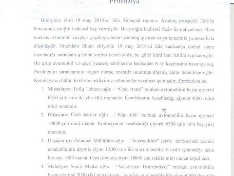 Yanmış binanın zərəçəkmişləri Nazirlər Kabinetinə çağırış etdilər