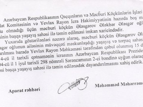 Yaşayış yerindən çıxarılan köçkün “Dövlətqaçqınkom”dan imdad dilədi 