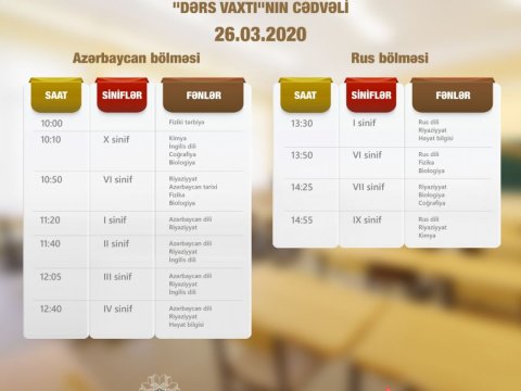Teledərslərin sabahkı CƏDVƏLİ