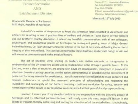 Pakistan Senatının üzvü Azərbaycana dəstək məktubu yolladı