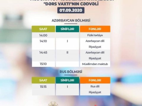 Teledərslərin sabaha olan cədvəli açıqlandı
