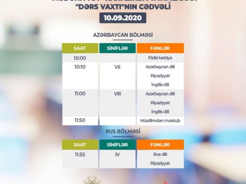 Teledərslərin sabahkı CƏDVƏLİ
