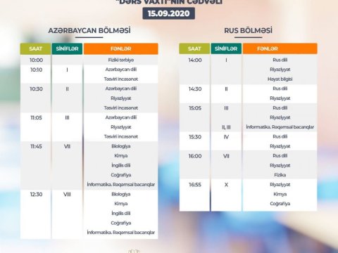 Sabah üçün teledərslərin cədvəli açıqlanıb