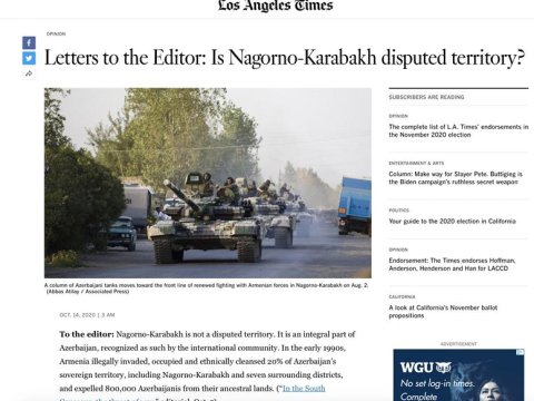Baş konsul “Los Angeles Times”da Ermənistanın işğalından yazdı 
