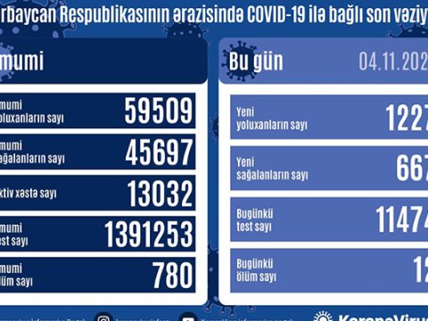 Azərbaycanda daha 1227 nəfər virusa yoluxdu - 12 nəfər öldü