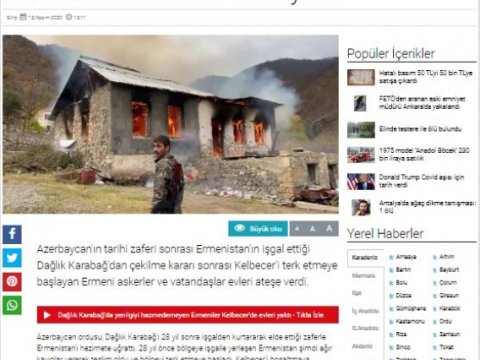 Türkiyə mediası: Kəlbəcəri tərk edən ermənilər evləri və meşələri yandırırlar