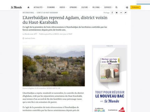 Fransız nəşri də Ağdamın qaytarılmasından yazdı
