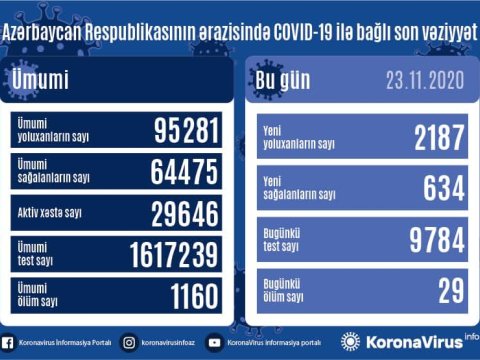 Azərbaycanda daha 2187 nəfər virusa yoluxdu - 29 nəfər öldü