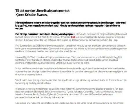 Diaspor təşkilatı Norveç hökumətini Xocalı soyqırımını tanımağa çağırıb
