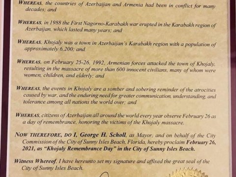 ABŞ-ın bu şəhərində 26 fevral tarixi Xocalının anım günü elan edilib