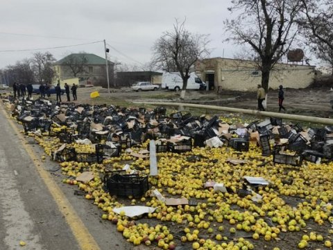 Qubada alma yeşikləri yük maşınından yola dağıldı - Fotolar