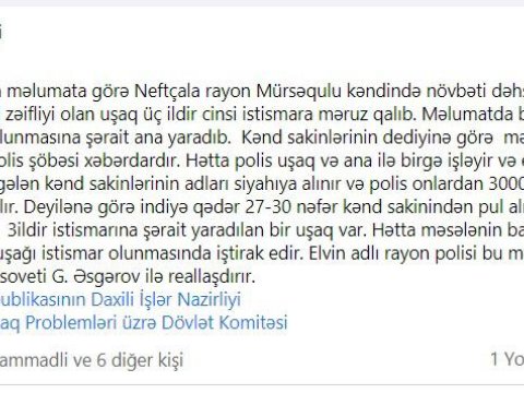 Əqli zəifliyi olan azyaşlı qızın cinsi istismarında polisin əli olub? - DİN-dən AÇIQLAMA