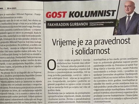 Azərbaycan səfirinin köşə yazısı Xorvatiya jurnalında