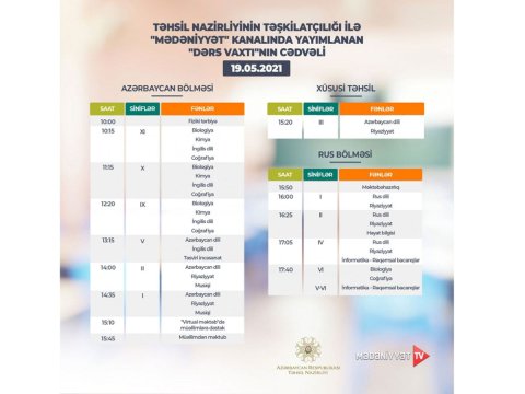 Teledərslərin mayın 19-na olan cədvəli