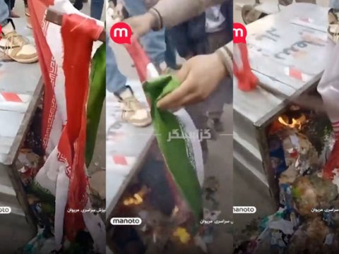 Etirazçılar İran bayrağını zibil qutusuna atıb yandırdılar - VİDEO