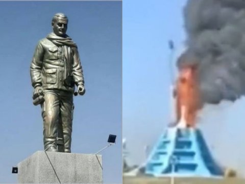 Qasım Süleymaninin heykəli yandırılıb - VİDEO