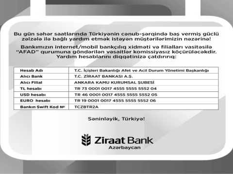 Türkiyəyə yardım göndərənlərdən komissiya haqqı tutulmayacaq