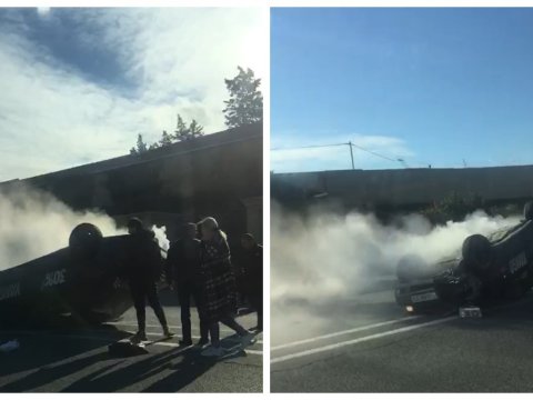 Aeroport yolunda qəza törədən maşın yandı - VİDEO
