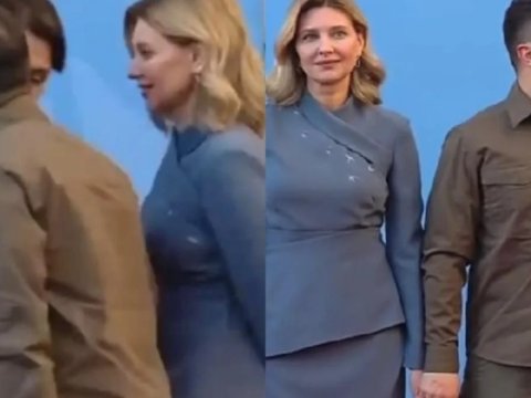Zelenskinin birinci xanımı öpməsi arvadının xoşuna gəlmədi - VİDEO