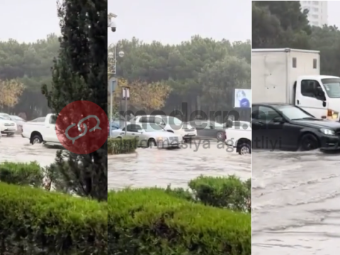 Bakıda güclü yağışın nəticəsi: Mərkəzi küçələri su basdı - VİDEO