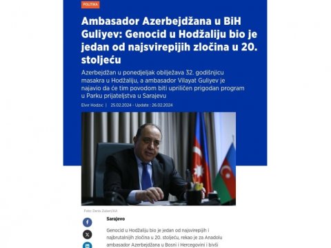 Səfir Bosniya mətbuatında Xocalıdan danışdı