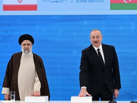 Araz çayı üzərində açılış mərasimi - İlham Əliyevlə Rəisi iştirak edib