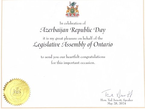 Ontario rəsmiləri Azərbaycan icmasını təbrik ediblər
