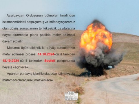 İstifadəyə yararsız döyüş sursatları məhv ediləcək