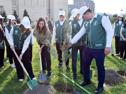 Leyla və Arzu Əliyevalar ağacəkmə aksiyasında - FOTOLAR