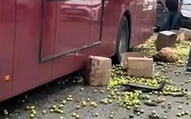 “BakuBus”un avtobusu “Ford”la toqquşdu, meyvələr yola dağıldı - Video