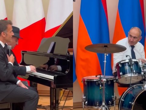 Makron mahnı oxudu, Paşinyan onu zərb alətində müşayiət etdi - VİDEO