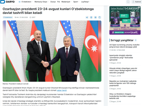 Özbəkistan mətbuatı Azərbaycan Prezidentinin dövlət səfərinin nəticələrini geniş işıqlandırıb