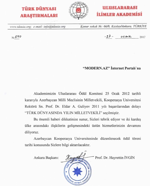 Azərbaycanlı deputat “TÜRK DÜNYASINDA İLİN MİLLƏT VƏKİLİ” mükafatına layiq görülüb