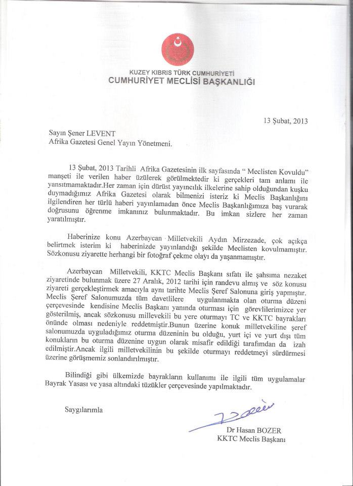 Şimali Kiprin Məclis sədri Aydın Mirzəzadə qalmaqalına aydınlıq gətirib - Rəsmi Sənəd