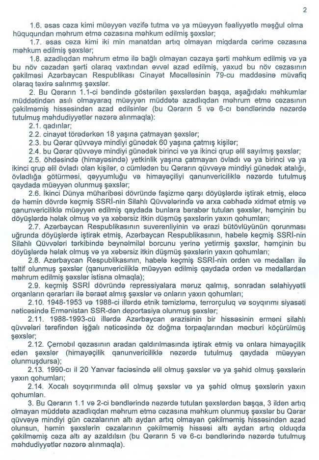 Mehriban Əliyevanın Amnistiya aktı kimlərə şamil olunacaq... - SƏNƏD