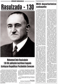 «Kaspi» qəzeti M.Ə.Rəsulzadəyə həsr olunmuş «Xüsusi buraxılış» hazırlayıb